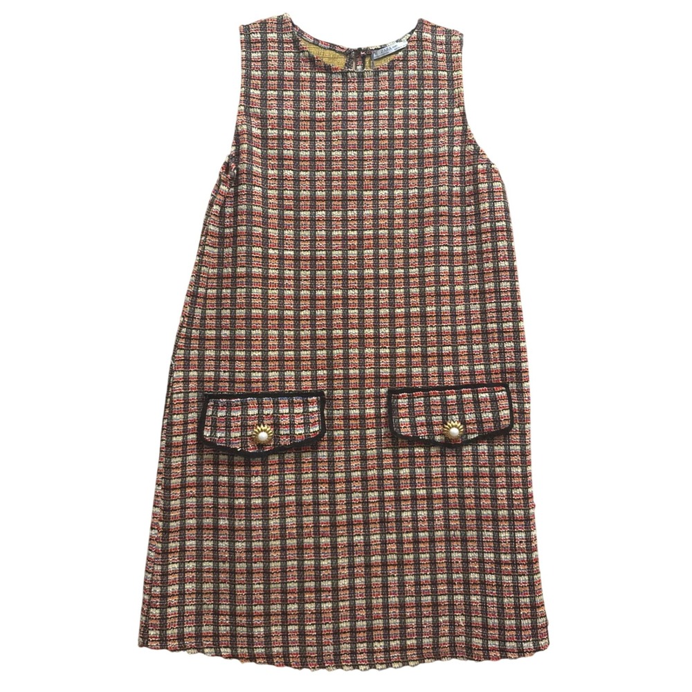 Zara Basic Womens Multi Color Tweed Metallic Shift Dress Faux Pearl Button M NWT